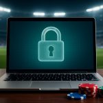 a laptop with a padlock graphic, symbolizing security, with poker chips in the foreground