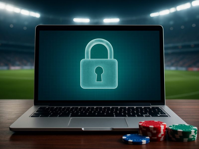 a laptop with a padlock graphic, symbolizing security, with poker chips in the foreground