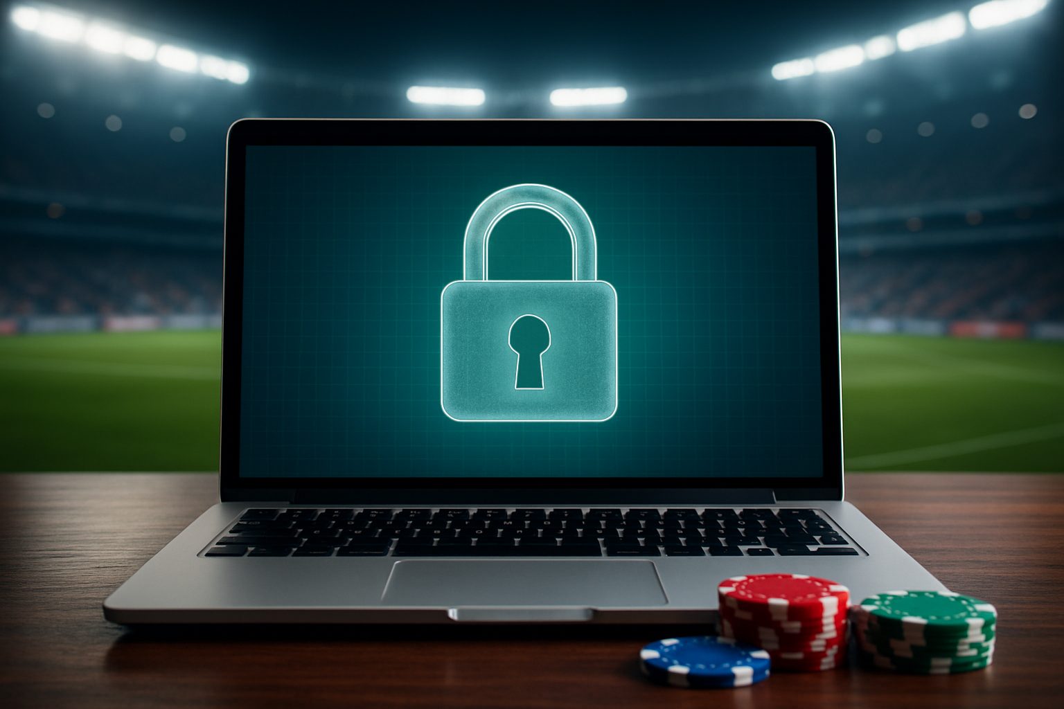 a laptop with a padlock graphic, symbolizing security, with poker chips in the foreground