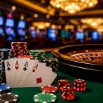 Close-up of poker chips and playing cards on a casino table