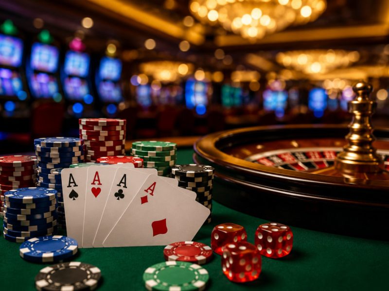 Close-up of poker chips and playing cards on a casino table