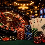 Close-up of a roulette wheel, playing cards, and various colored poker chips on a green felt table in a casino setting