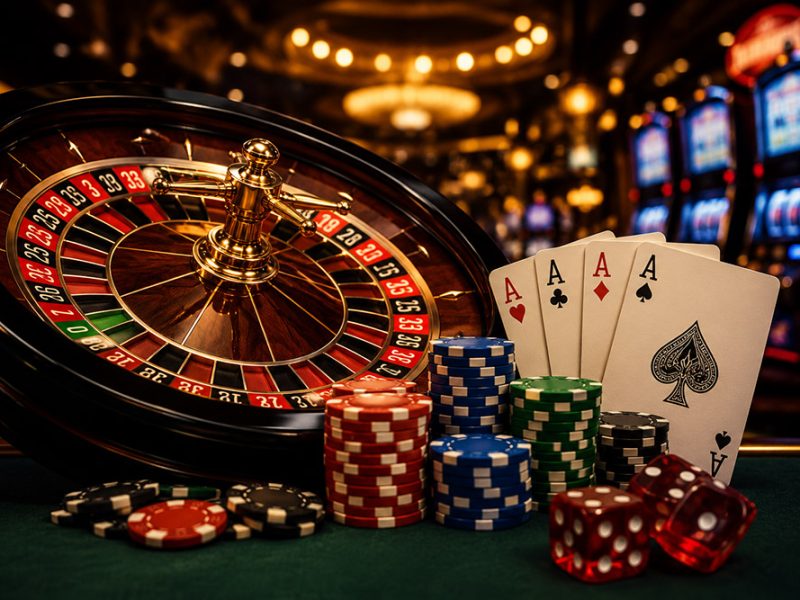 Close-up of a roulette wheel, playing cards, and various colored poker chips on a green felt table in a casino setting